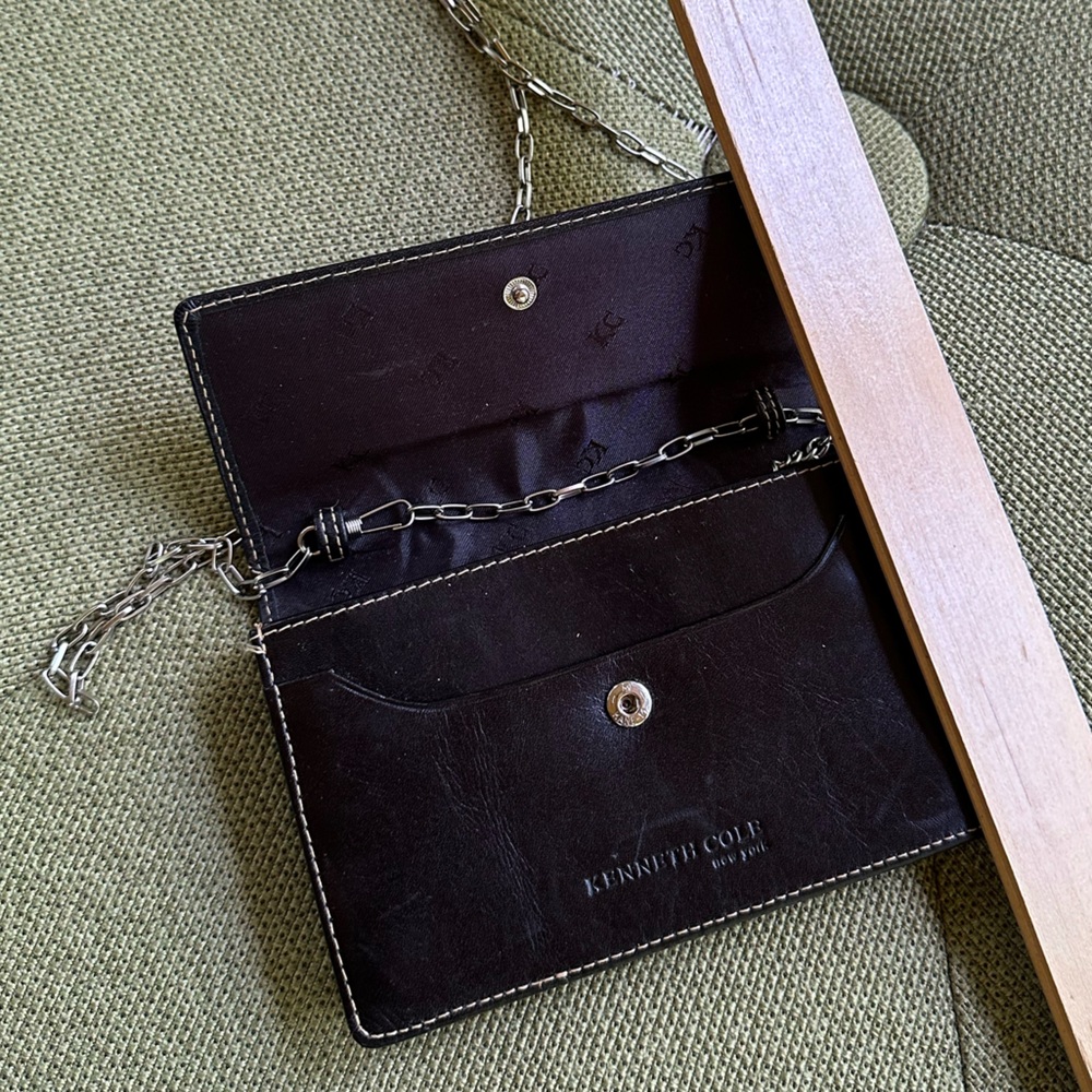 Kenneth Cole Black Leather Super-Mini Bag Edgy Silver-tone Chain Strap Minimal - Picture 10 of 16